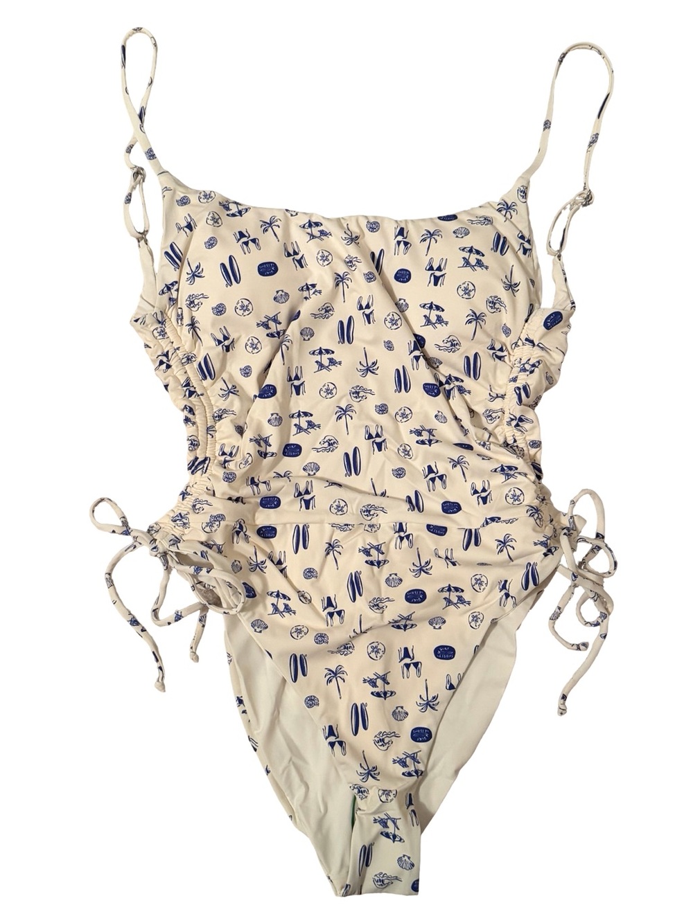 Dippin Daisy’s Swell Surf Print One Piece Swimsuit White Blue S NWT
